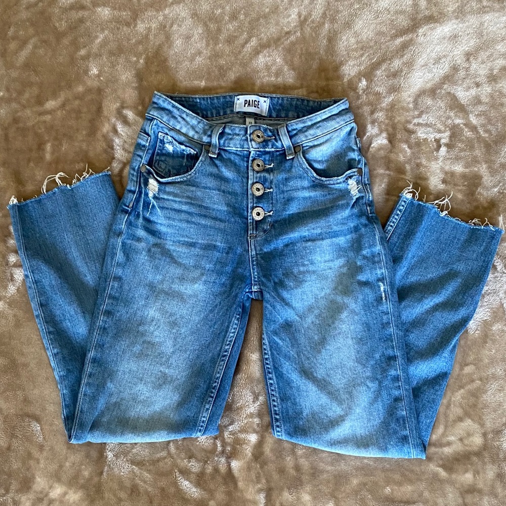PAIGE High-Rise Button Straight Ankle Petite Jeans